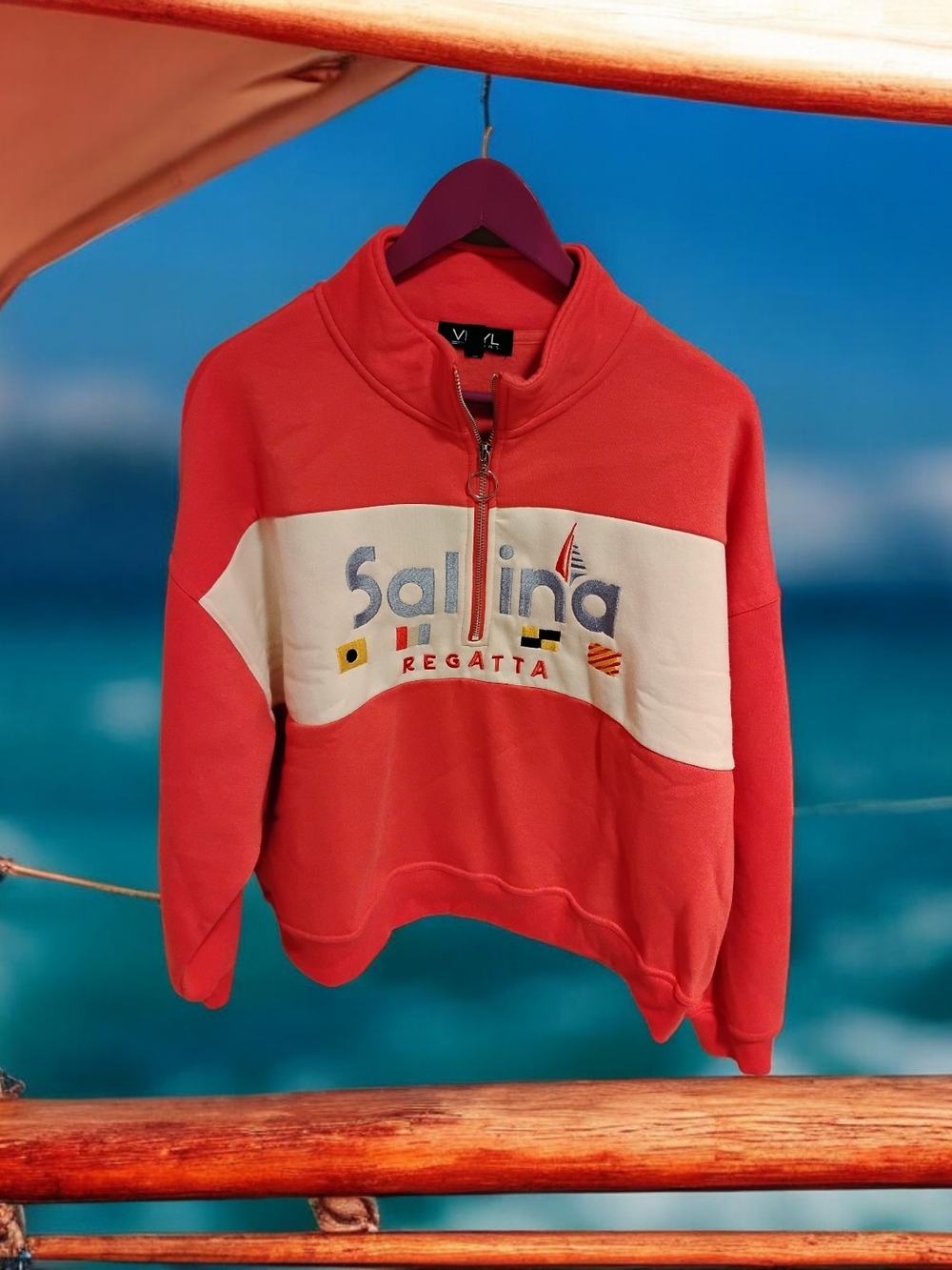 Coral and White Half-Zip Sweater